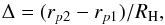 Mathematical equation: \begin{equation} \label{eq:Delta} \Delta = (r_{p2} - r_{p1})/R_{\rm H} , \end{equation}