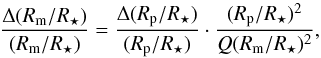 Mathematical equation: \begin{equation} \frac {\Delta (R_\mathrm{m}/R_\star)} {(R_\mathrm{m}/R_\star)} = \frac {\Delta (R_\mathrm{p}/R_\star)} {(R_\mathrm{p}/R_\star)} \cdot \frac {(R_\mathrm{p}/R_\star)^2} {Q (R_\mathrm{m}/R_\star)^2} , \end{equation}