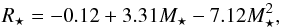 Mathematical equation: \begin{equation} R_{\star} = -0.12 + 3.31 M_\star - 7.12 M_\star^2 , \label{R_star} \end{equation}