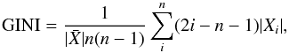 Mathematical equation: \begin{equation} \mathop{\mathrm{GINI}} = {\frac{1}{|\bar{X}|n(n - 1)} \sum_{i}^{n} (2i - n - 1) |X_i|,} \end{equation}