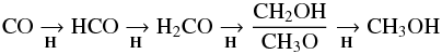 Mathematical equation: \begin{equation} \textrm{CO} \xrightarrow[\bf{H}]{} \textrm{HCO} \xrightarrow[\bf{H}]{} {\rm H_2CO} \xrightarrow[\bf{H}]{} \frac{{\rm CH_2OH}}{{\rm CH_3O}} \xrightarrow[\bf{H}]{} {\rm CH_3OH} \\ \end{equation}
