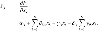 Mathematical equation: \appendix \setcounter{section}{3} \begin{eqnarray} \mathbb{J}_{ij} &=& \frac{\partial F_i}{\partial x_j} \nonumber \\ &=&\alpha_{ij} + \sum_{k=1}^N \beta_{ijk} x_k - \gamma_{ij} x_i -\delta_{ij} \sum_{k=1}^N \gamma_{ik} x_k. \end{eqnarray}