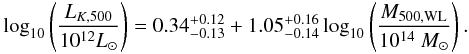 Mathematical equation: \begin{eqnarray} \log_{10}\left(\frac{L_{K,500}}{10^{12}L_\odot}\right)=0.34^{+0.12}_{-0.13}+1.05^{+0.16}_{-0.14} \log_{10}\left(\frac{M_{\rm 500,WL}}{10^{14}~M_\odot}\right). \end{eqnarray}