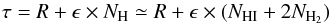 Mathematical equation: \begin{equation} \label{eq:h-ir-corr} \tau = R + \epsilon \times N_\mathrm{H} \simeq R + \epsilon \times (N_\mathrm{HI} + 2N_{\mathrm{H}_2}) \end{equation}