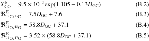 Mathematical equation: \appendix \setcounter{section}{2} \begin{eqnarray} &&\rm {\it X}_{CO}^E=9.5\times10^{-5} exp(1.105-0.13{\it D}_{GC}) \label{irdc:abunco}\\ &&\rm \Re_{^{12}C/^{13}C}^E=7.5{\it D}_{GC}+7.6 \label{irdc:abun13co}\\ &&\rm \Re_{^{16}O/^{18}O}^E=58.8{\it D}_{GC}+37.1 \label{irdc:abunc18o}\\ &&\rm \Re_{^{16}O/^{17}O}^E=3.52\times(58.8{\it D}_{GC}+37.1) \label{irdc:abunc17o} \end{eqnarray}