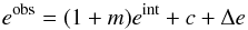 Mathematical equation: \begin{equation} e^{\rm obs}=(1+m){e}^{\rm int}+c+\Delta { e} \end{equation}