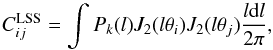 Mathematical equation: \begin{equation} C_{ij}^{\rm LSS}=\int P_k(l)J_2(l\theta_i)J_2(l\theta_j)\frac{l{\rm d}l}{2\pi}, \end{equation}