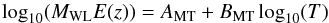 Mathematical equation: \begin{equation} \log_{10}(M_{\rm WL}E(z)) = A_{\rm MT} + B_{\rm MT}\log_{10}(T) \end{equation}
