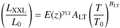 Mathematical equation: \begin{equation} \left(\frac{\lxxl}{L_{0}}\right) = E(z)^{\gamma_{\textrm{LT}}}A_{\rm LT}\left(\frac{T}{T_{0}}\right)^{B_{\rm LT}} \label{equ:ltunbias} \end{equation}