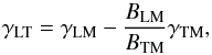 Mathematical equation: \begin{eqnarray} \gLT = \gLM - \frac{B_{{\rm LM}}}{B_{\rm TM}}\gTM, \end{eqnarray}