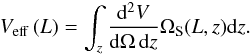 Mathematical equation: \appendix \setcounter{section}{2} \begin{eqnarray} V_{\rm eff}\left(L\right) = \int_z \frac{\mathrm{d}^2V}{\mathrm{d}\Omega\,\mathrm{d}z} \Omega_{\rm S}(L,z) {\rm d}z. \end{eqnarray}
