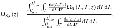 Mathematical equation: \appendix \setcounter{section}{2} \begin{eqnarray} \Omega_{{\rm S},i}\left(z\right) = \frac{ \int_{L_{\min}^i}^{L_{\max}^i} \int_T \frac{\mathrm{d}n(L,T,z)}{\mathrm{d}L\,\mathrm{d}T} \Omega_{\rm S} \left(L,T,z\right) \mathrm{d}T \mathrm{d}L}{\int_{L_{\min}^i}^{L_{\max}^i} \int_T \frac{\mathrm{d}n(L,T,z)}{\mathrm{d}L\,\mathrm{d}T} \mathrm{d}T \mathrm{d}L}, \label{eq:BinnedSkyCov} \end{eqnarray}