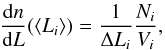 Mathematical equation: \appendix \setcounter{section}{2} \begin{eqnarray} \frac{\mathrm{d}n}{\mathrm{d}L}(\langle L_i \rangle ) = \frac{1}{\Delta L_i} \frac{N_i}{V_i}, \label{eq:BinnedCorr} \end{eqnarray}