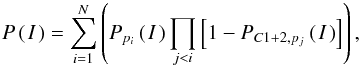 Mathematical equation: \begin{eqnarray} \SFuncXXL = \sum_{i=1}^{N} \left( \SFuncShort{p_i} \prod_{j<i} \left[1 - \SFuncShort{C1+2,p_j}\right]\right), \label{eq:SelFunc} \end{eqnarray}