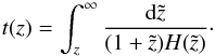 Mathematical equation: \begin{equation} t(z) =\int_z^\infty\frac{{\rm d}\tilde{z}}{(1+\tilde{z})H(\tilde{z})}\cdot \end{equation}