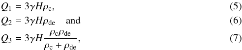 Mathematical equation: \begin{eqnarray} &&Q_{1}=3\gamma H\rho_{\rm c},\ \ \\ &&Q_{2}=3\gamma H\rho_{\rm de} \quad \rm{and} \ \ \\ &&Q_{3}=3\gamma H\frac{\rho_{\rm c}\rho_{\rm de}}{\rho_{\rm c}+\rho_{\rm de}},\ \ \end{eqnarray}