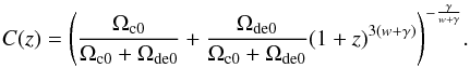 Mathematical equation: \begin{equation} \label{Cz} C(z)=\Bigg(\frac{\Omega_{\rm c0}}{\Omega_{\rm c0}+\Omega_{\rm de0}}+\frac{\Omega_{\rm de0}}{\Omega_{\rm c0}+\Omega_{\rm de0}}(1+z)^{3(w+\gamma)}\Bigg)^{-\frac{\gamma}{w+\gamma}}. \end{equation}