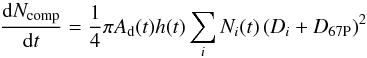 Mathematical equation: \begin{equation} \label{eq:13} \frac{{\rm d}N_{\rm comp}}{{\rm d}t}= \frac{1}{4}\pi A_{\rm d}(t)h(t)\sum_{i}N_i(t)\left(D_i+D_{\rm 67P}\right)^2 \end{equation}