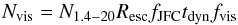 Mathematical equation: \begin{equation} \label{eq:107} N_{\rm vis}=N_{1.4-20}R_{\rm esc}f_{\rm JFC}t_{\rm dyn}f_{\rm vis} \end{equation}