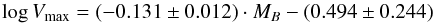 Mathematical equation: \appendix \setcounter{section}{1} \begin{equation} \log \vm = (-0.131 \pm 0.012 ) \cdot M_B - (0.494 \pm 0.244) \end{equation}
