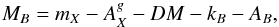 Mathematical equation: \begin{equation} \label{MBs} M_B = m_X - A_X^g - DM - k_B - A_B, \end{equation}