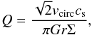 Mathematical equation: \begin{equation} Q = \frac{\sqrt{2} v_{\rm circ} c_{\rm s}}{\pi G r \Sigma} , \end{equation}