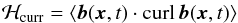 Mathematical equation: \begin{eqnarray} {\cal H}_{\rm curr}=\langle \vec{b}(\vec{x},t)\cdot \curl\, \vec{b}(\vec{x},t)\rangle \label{heli} \end{eqnarray}