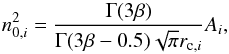 Mathematical equation: \appendix \setcounter{section}{2} \begin{equation} n_{0,i}^2 = \frac{\Gamma(3\beta)}{\Gamma(3\beta-0.5)\sqrt{\pi}r_{{\rm c},i}}A_i,\label{eq:multi_norm} \end{equation}
