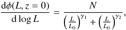 Mathematical equation: \begin{equation} \label{eq:LF0} \frac{{\rm d}\phi(L,z=0)}{{\rm d}\log{L}}=\frac{N}{\left(\frac{L}{L_0}\right)^{\gamma_1}+\left(\frac{L}{L_0}\right)^{\gamma_2}} , \end{equation}
