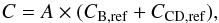 Mathematical equation: \begin{equation} C = A \times ( C_\mathrm{B, ref} + C_\mathrm{CD, ref} ) , \end{equation}