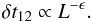 Mathematical equation: \begin{equation} \delta t_{12}\propto L^{-\epsilon} . \end{equation}
