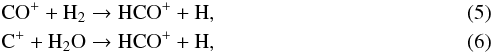 Mathematical equation: \begin{eqnarray} &&\rm CO^{+} + H_2 \rightarrow HCO^{+} + H, \label{reac:co+_h2} \\ &&\rm C^{+} + H_2O \rightarrow HCO^{+} + H, \label{reac:c+_h2o} \end{eqnarray}