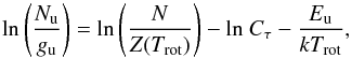 Mathematical equation: \begin{equation} \mathrm{ln} \left(\frac{N_\mathrm{u}}{g_\mathrm{u}}\right) = {\mathrm{ln}} \left(\frac{N}{Z(T_\mathrm{rot})}\right) - \mathrm{ln}\ C_{\tau} - \frac{E_\mathrm{u}}{kT_\mathrm{rot}} , \end{equation}
