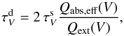 Mathematical equation: \begin{equation} \tau_V^{\rm d} = 2\,\tau_V^{\rm s} \frac{Q_{\rm abs,eff}(V)}{Q_{\rm ext}(V)}, \end{equation}