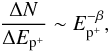 Mathematical equation: \begin{eqnarray} \label{cr_1eq} \frac{\Delta N}{\Delta E_{{\rm p}^+}} \sim E_{{\rm p}^+}^{- \beta}, \end{eqnarray}