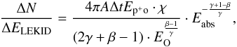 Mathematical equation: \begin{eqnarray} \label{cr_model} \frac{\Delta N}{\Delta E_{\rm LEKID}} = \frac{4 \pi A \Delta t E_{{\rm p^+o}}\cdot \chi}{(2\gamma+\beta-1) \cdot E_{\rm O}^{\frac{\beta-1}{\gamma}}} \cdot E_{\rm abs}^{- \frac{\gamma + 1-\beta}{\gamma}}, \end{eqnarray}