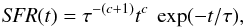 Mathematical equation: \begin{equation} \textit{SFR}(t)=\tau^{-(c+1)}t^{c}~\exp(-t/\tau), \end{equation}
