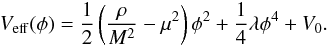 Mathematical equation: \begin{eqnarray} V_{\rm eff}(\phi) = \frac{1}{2}\left(\frac{\rho}{M^2} - \mu^2\right)\phi^2 + \frac{1}{4}\lambda\phi^4 + V_0. \label{def_effective_potential} \end{eqnarray}