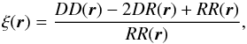 Mathematical equation: \begin{equation} \xi({\vec r})=\frac{DD({\vec r})-2DR({\vec r})+RR({\vec r})}{RR({\vec r})}, \label{eq:2pcf} \end{equation}