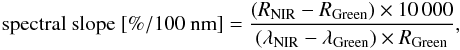 Mathematical equation: \begin{equation} \textrm{spectral slope } [\%/100~{\rm nm}]=\frac{(R_{\rm NIR}-R_{\rm Green}) \times 10\,000}{(\lambda_{\rm NIR}-\lambda_{\rm Green})\times R_{\rm Green}} , \end{equation}
