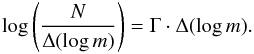 Mathematical equation: \begin{eqnarray*} \log\left(\frac{N}{\Delta(\log m)}\right) = \Gamma \cdot \Delta(\log m). \end{eqnarray*}