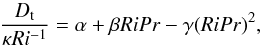 Mathematical equation: \begin{equation} \label{eq:emp} \frac{D_{\rm t}}{\kappa Ri^{-1}} = \alpha+\beta RiPr - \gamma(RiPr)^2, \end{equation}