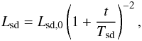 Mathematical equation: \begin{eqnarray} L_{\text{sd}}=L_{\text{sd,0}}\left( 1+\frac{t}{T_{\text{sd}}}\right) ^{-2}, \label{Spin-Down Luminosity} \end{eqnarray}