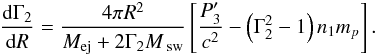 Mathematical equation: \begin{eqnarray} \frac{{\rm d}\Gamma _{2}}{{\rm d}R}=\frac{4\pi R^{2}}{M_{\text{ej}}+2\Gamma _{2}M_{\text{ sw}}}\left[ \frac{P_{3}^{\prime }}{c^{2}}-\left( \Gamma _{2}^{2}-1\right) n_{1}m_{p}\right] . \label{eq:gamma2-R} \end{eqnarray}
