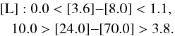 Mathematical equation: \begin{eqnarray} {\rm [L]}: 0.0 < [3.6]{-}[8.0] < 1.1, \nonumber \\ 10.0 > [24.0]{-}[70.0] > 3.8. \end{eqnarray}