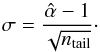 Mathematical equation: \begin{equation} \label{eqn:mle_powerlaw_uncert} \sigma = \frac{\hat{\alpha}-1}{\sqrt{n_{\rm tail}}} \cdot \end{equation}