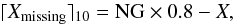 Mathematical equation: \begin{equation} \label{Eq: oversampling} { \lceil X_{\rm missing}\rceil_{10}={\rm NG}\times0.8-X, } \end{equation}