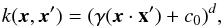 Mathematical equation: \begin{equation} k(\vec{x},\vec{x}')=(\gamma(\vec{x}\cdot{\bf x'})+c_0)^{d}, \label{eqpoly} \end{equation}