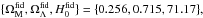 Mathematical equation: \hbox{$\{\Omega_{\rm M}^{\text{fid}},\Omega_{\Lambda}^{\text{fid}}, H_{0}^{\text{fid}}\}=\{0.256, 0.715, 71.17\},$}