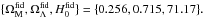 Mathematical equation: \hbox{$\{\Omega_{\rm M}^{\text{fid}},\Omega_{\Lambda}^{\text{fid}}, H_{0}^{\text{fid}}\}=\{0.256, 0.715, 71.17\}.$}